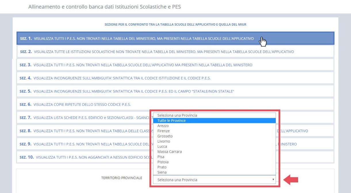 immagine pagina allineamento e controllo banca dati Istituzioni Scolastiche e PES, funzionalità SEZ.1, finestra ricerca tramite territorio provinciale