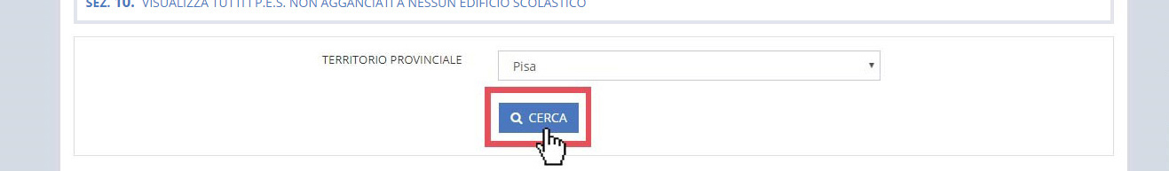 immagine pagina allineamento e controllo banca dati Istituzioni Scolastiche e PES, finestra ricerca tramite territorio provinciale, pulsante cerca