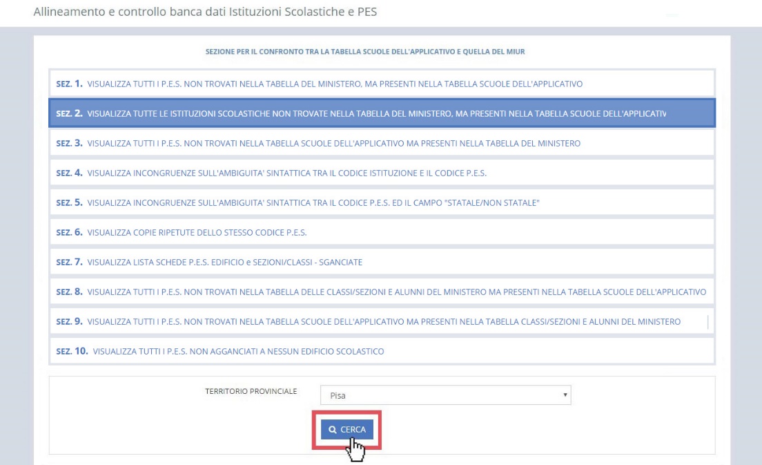 immagine pagina allineamento e controllo banca dati Istituzioni Scolastiche e PES, funzionalità SEZ.2, pulsante cerca