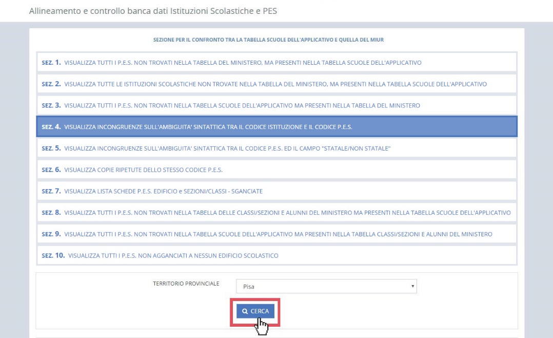 immagine pagina allineamento e controllo banca dati Istituzioni Scolastiche e PES, funzionalità SEZ.4, pulsante cerca