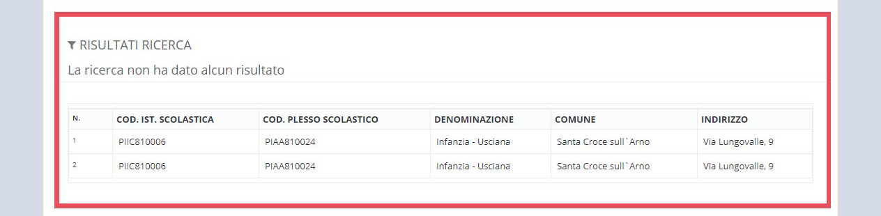 immagine pagina allineamento e controllo banca dati Istituzioni Scolastiche e PES, risultati di ricerca