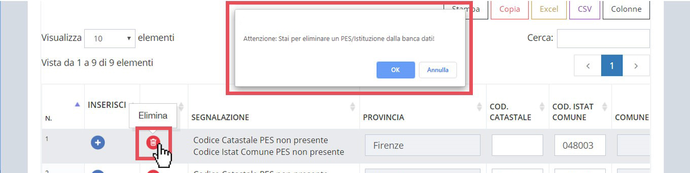 immagine pagina importazioni istituzioni scolastiche e PES, risultati di ricerca, eliminazione segnalazione