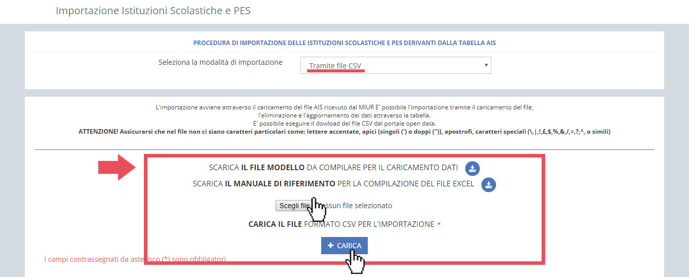 immagine pagina importazioni istituzioni scolastiche e PES, procedura importazione tramite file CSV