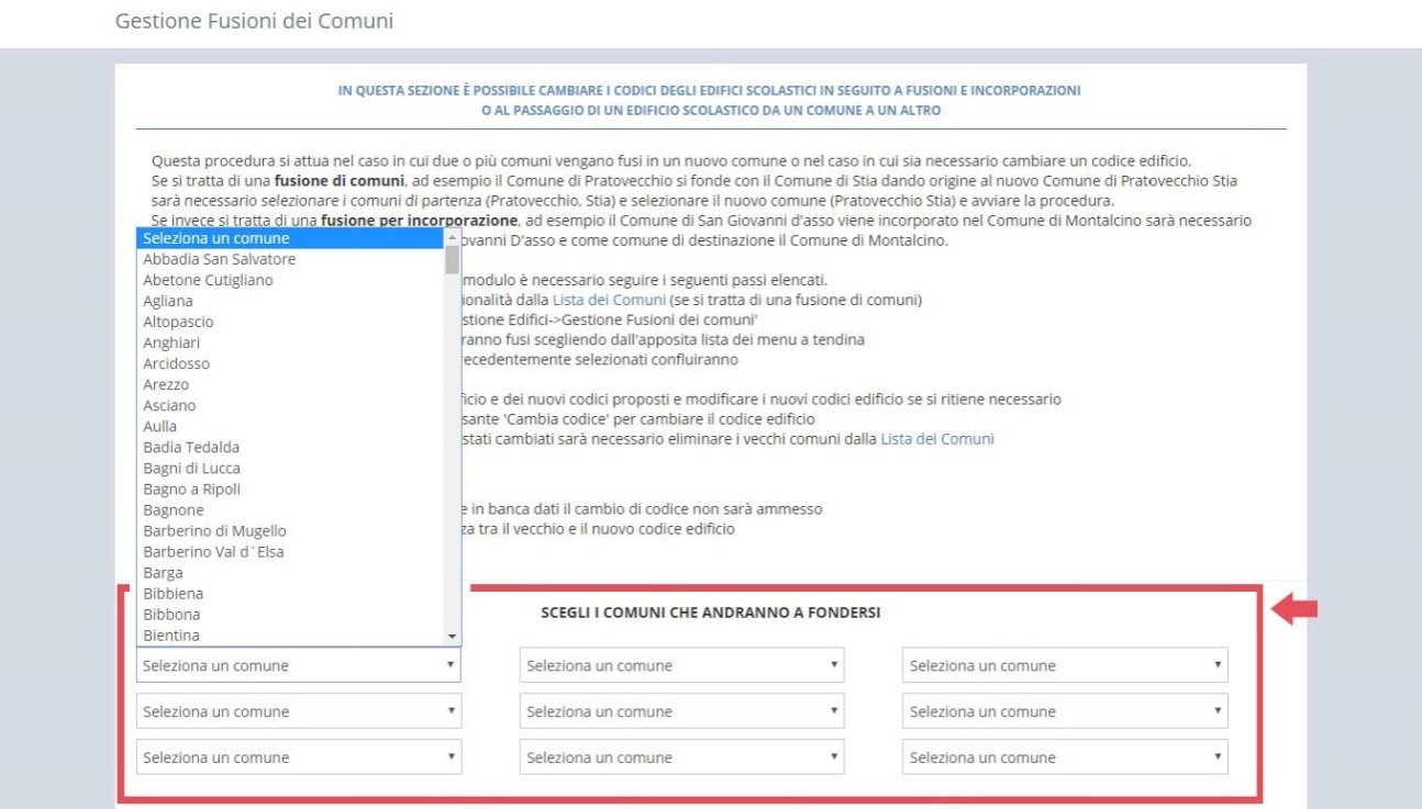 immagine pagina gestione fusioni dei comuni, finestra selezione comuni che andranno a fondersi