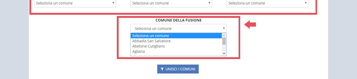 immagine pagina gestione fusioni dei comuni, finestra selezione comune della fusione