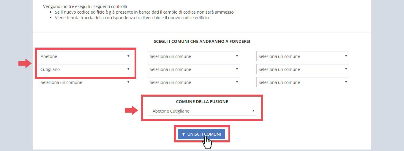 immagine pagina gestione fusioni dei comuni, pulsante unisci i comuni