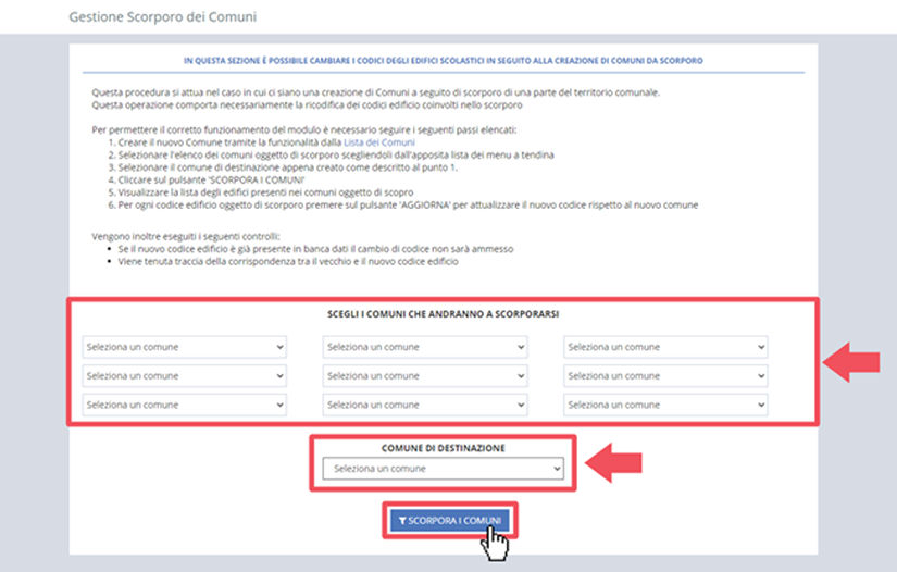 immagine pagina gestione scorporo dei comuni, finestra selezione comuni che andranno a scorporarsi, comune di destinazione e pulsante scorpora i comuni