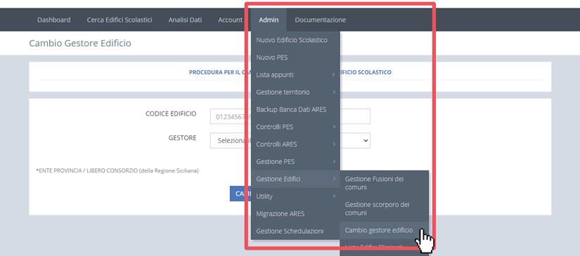 immagine menu admin, gestione edifici, combio gestore edificio