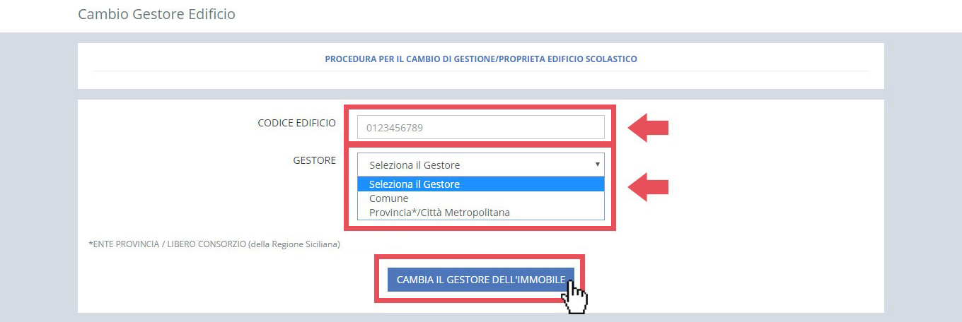 immagine pagina combio gestore edificio, finestra ricerca tramite codice edificio e gestore