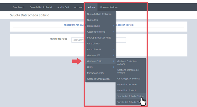 immagine menu admin, gestione edifici, svuota dati scheda edificio
