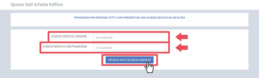 immagine pagina sposta dati scheda edificio, finestra ricerca tramite codice edificio origine e codice edificio destinazione, pulsante sposta dati scheda edificio 