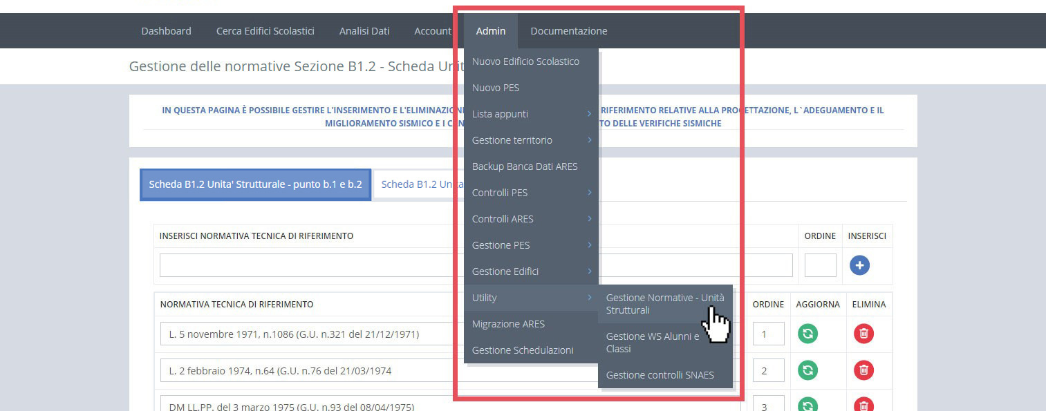 immagine menu admin, utility, gestione normative - unità strutturali