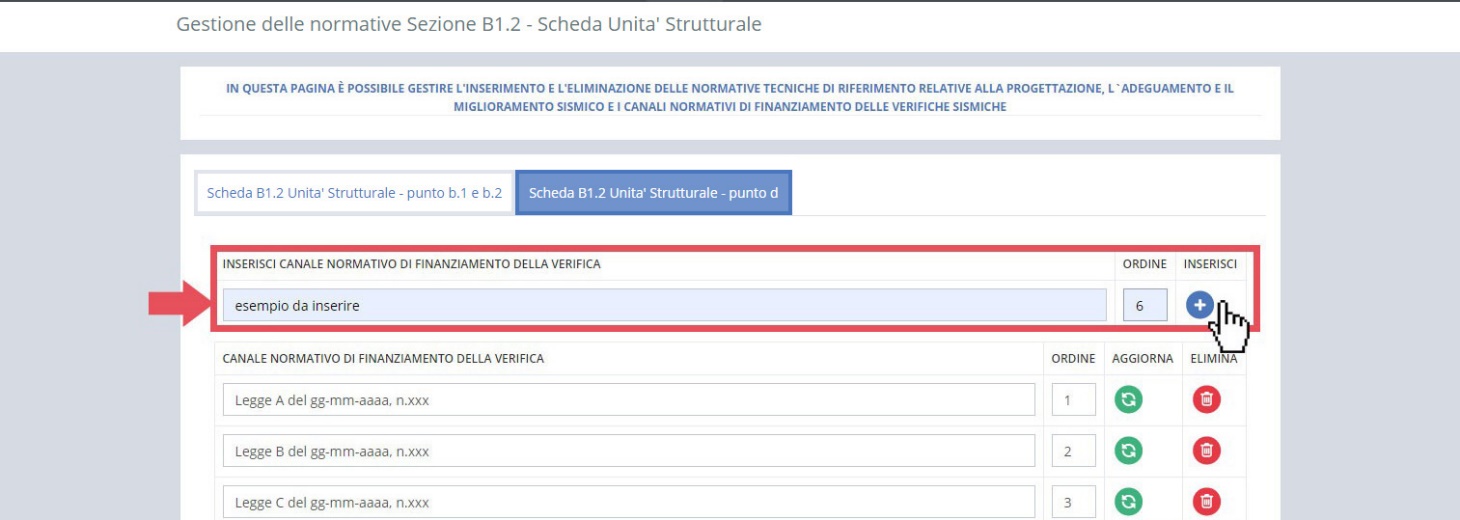 immagine pagina gestione dell normative sezione B1.2, inserimento canale normativo 