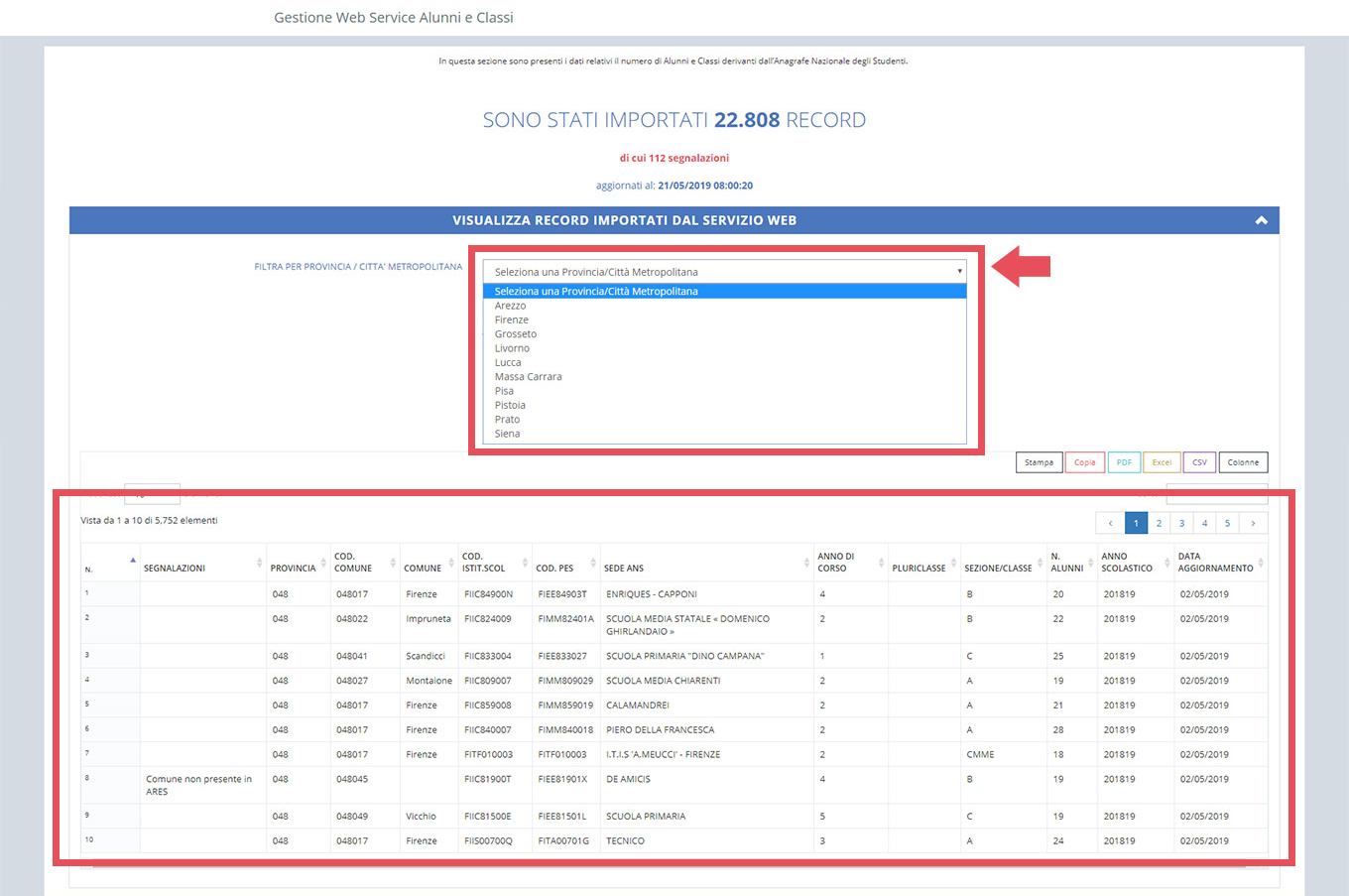 immagine pagina gestione web service alunni e classi, risultati importazione