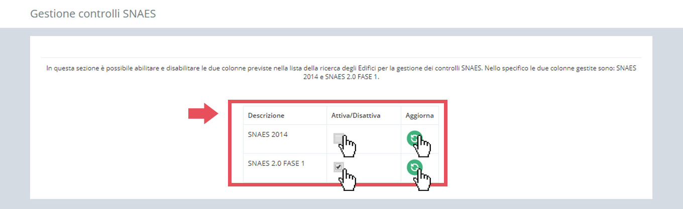 immagine pagina gestione controlli SNAES, funzione attiva/disattiva e aggiorna