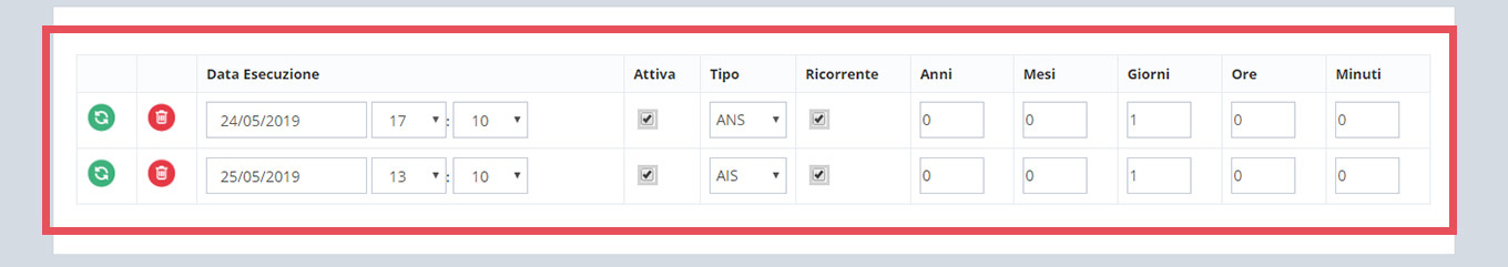 immagine pagina gestione lista schedulazioni, finestra ricorrenza schedulazioni