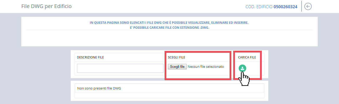 immagine pagina file dwg per edificio, caricamento file