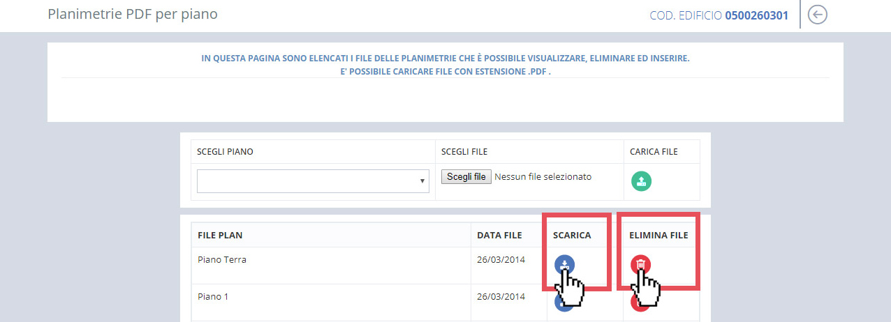 immagine pagina file pdf per piano, download file, eliminazione file
