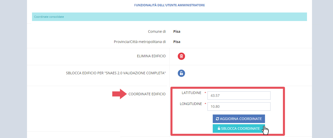 immagine pagina gestione funzionalità per l'edificio, coordinate edificio