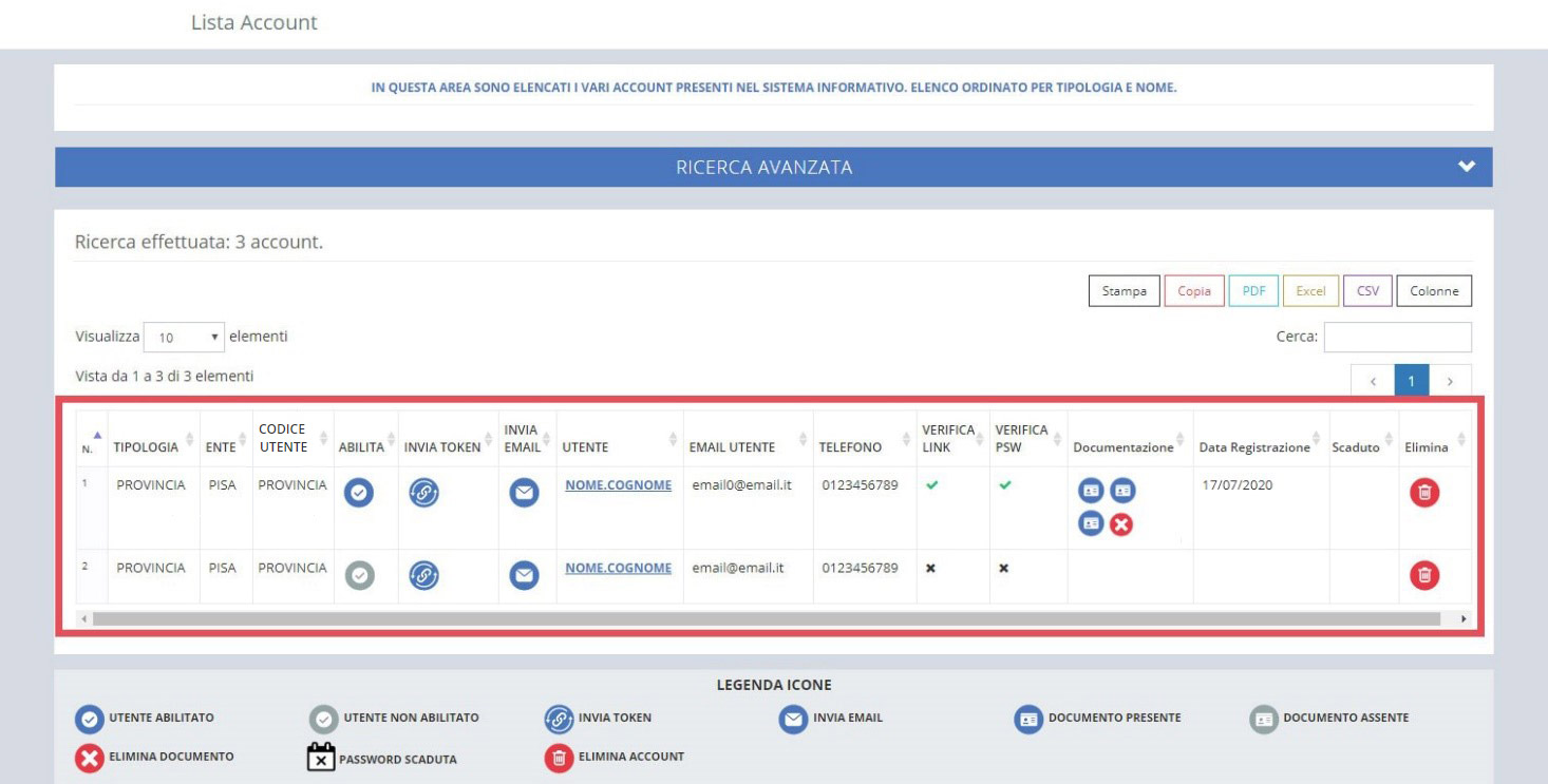 immagine pagina lista account, risultati di ricerca