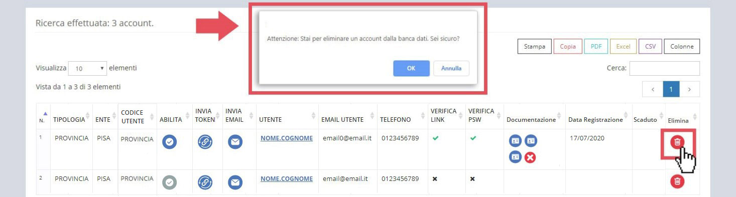 immagine pagina lista account, icona elimina account
