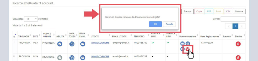 immagine pagina lista account, eliminazione documentazione allegata