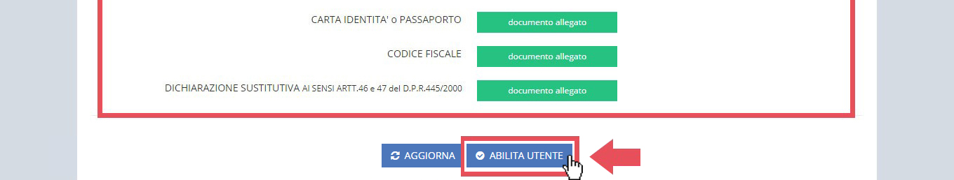 immagine pagina visualizza account, pulsante abilita utente