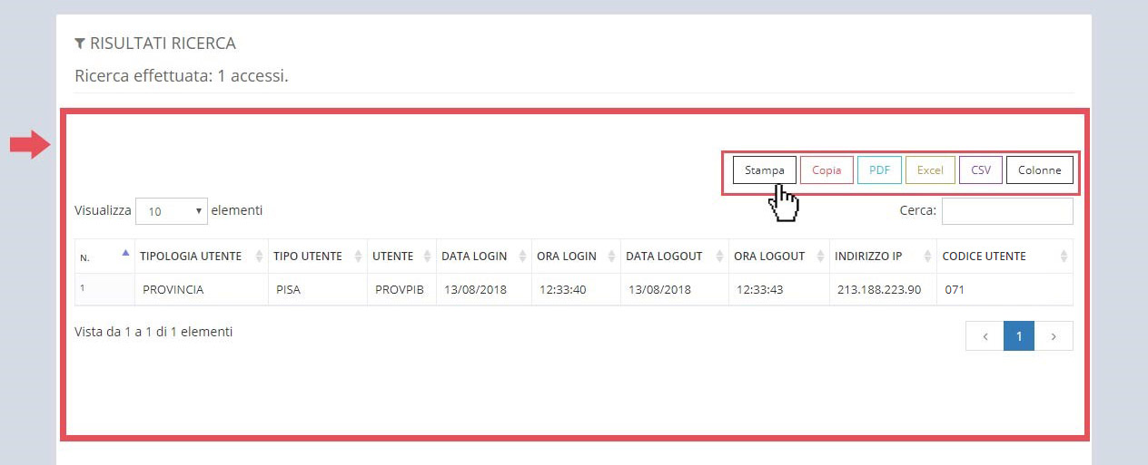 immagine pagina lista accessi, risultati di ricerca