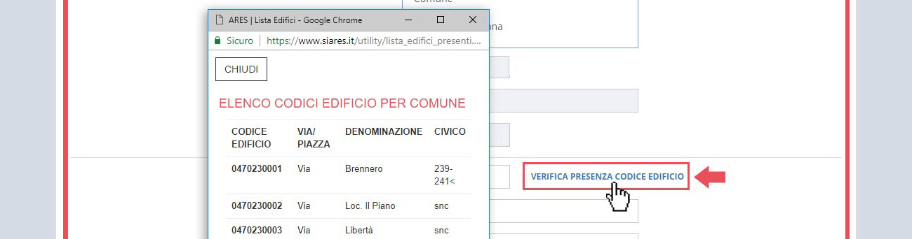 immagine pagina nuovo edificio scolastico, finestra creazione, verifica presenza codice edificio
