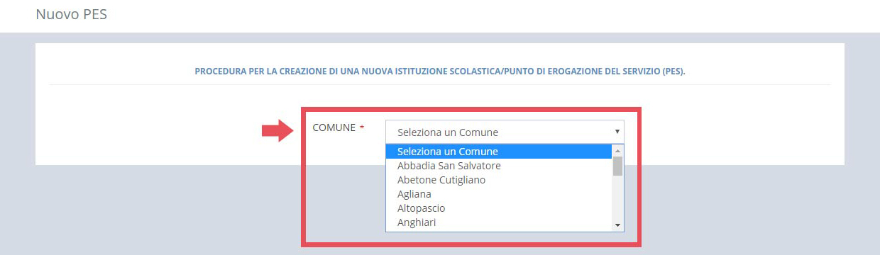 immagine pagina nuovo pes, finestra creazione, seleziona comune