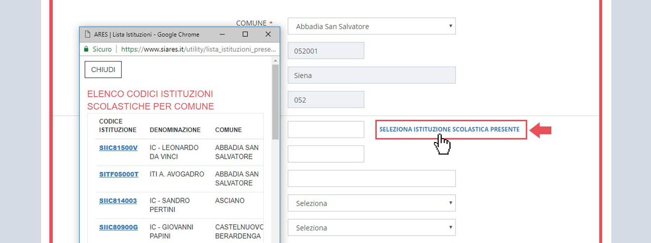 immagine pagina nuovo pes, finestra creazione, seleziona istituzione scolastica presente