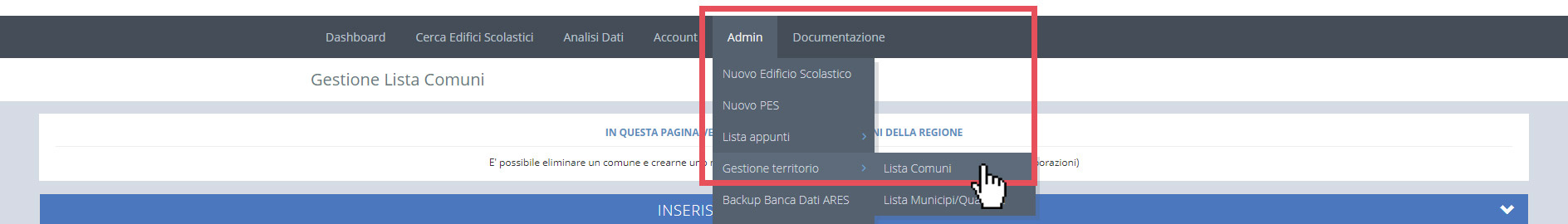 immagine menu admin, gestione territorio, lista comuni