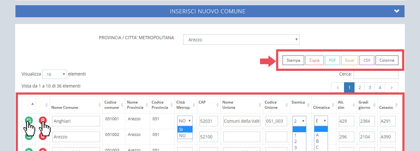 immagine pagina gestione lista comuni, risultati di ricerca