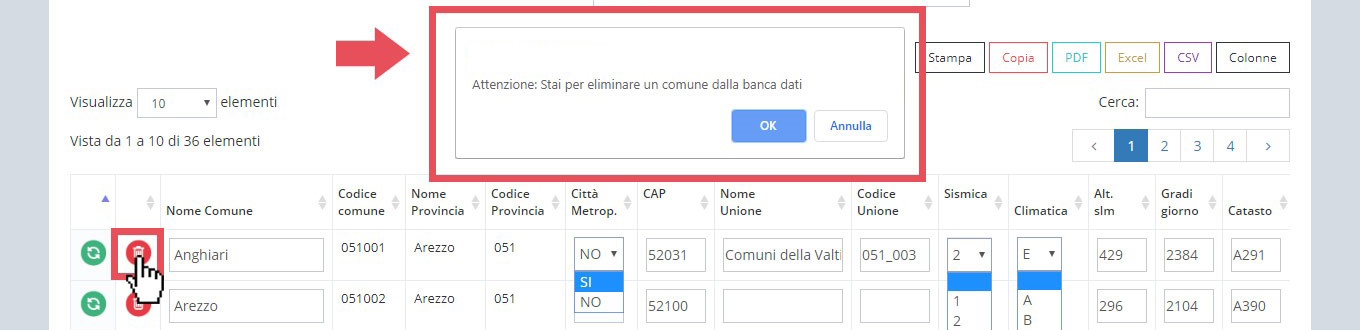 immagine pagina gestione lista comuni, eliminazione comune
