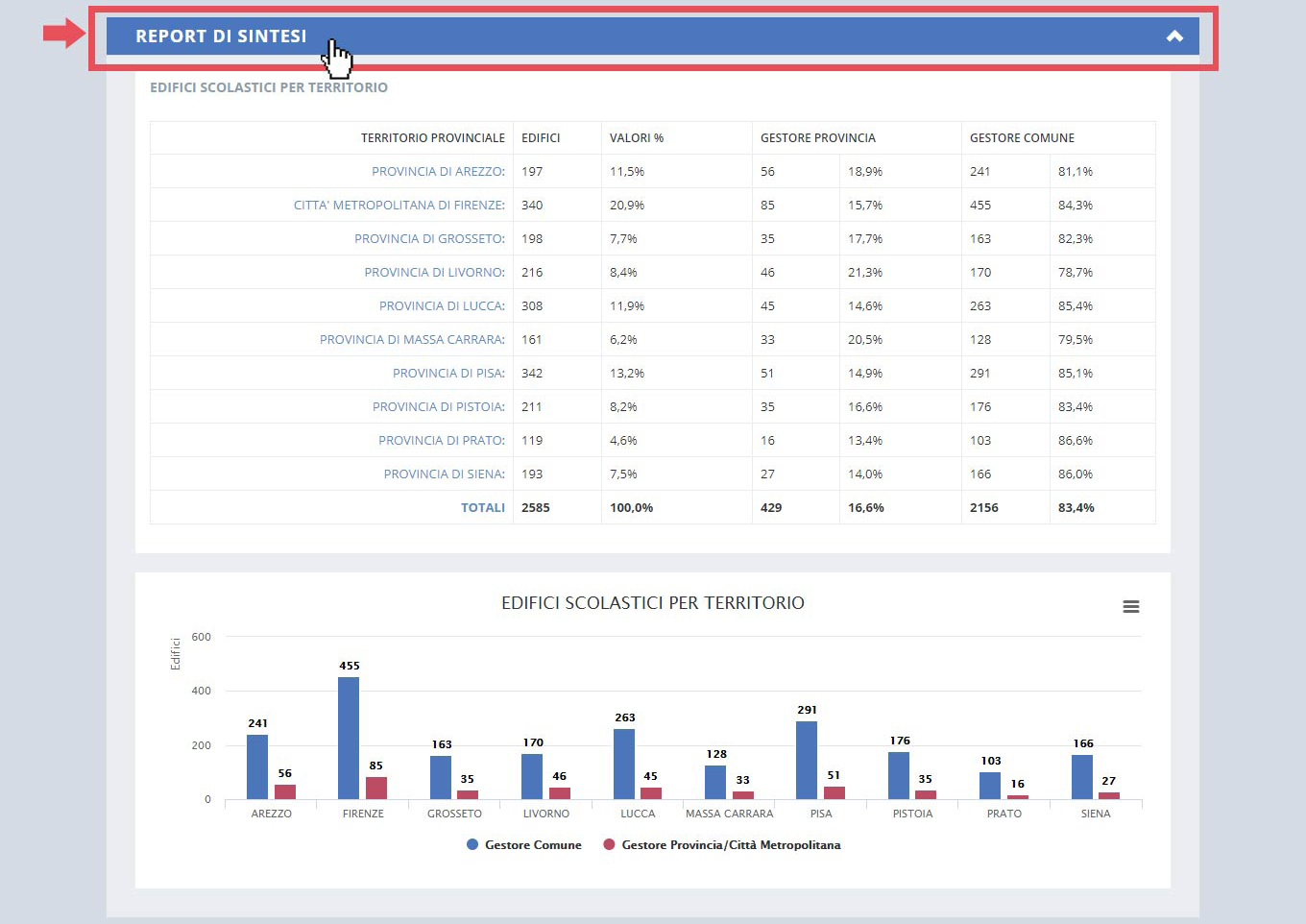 immagine pagina dashboard, finestra report di sintesi