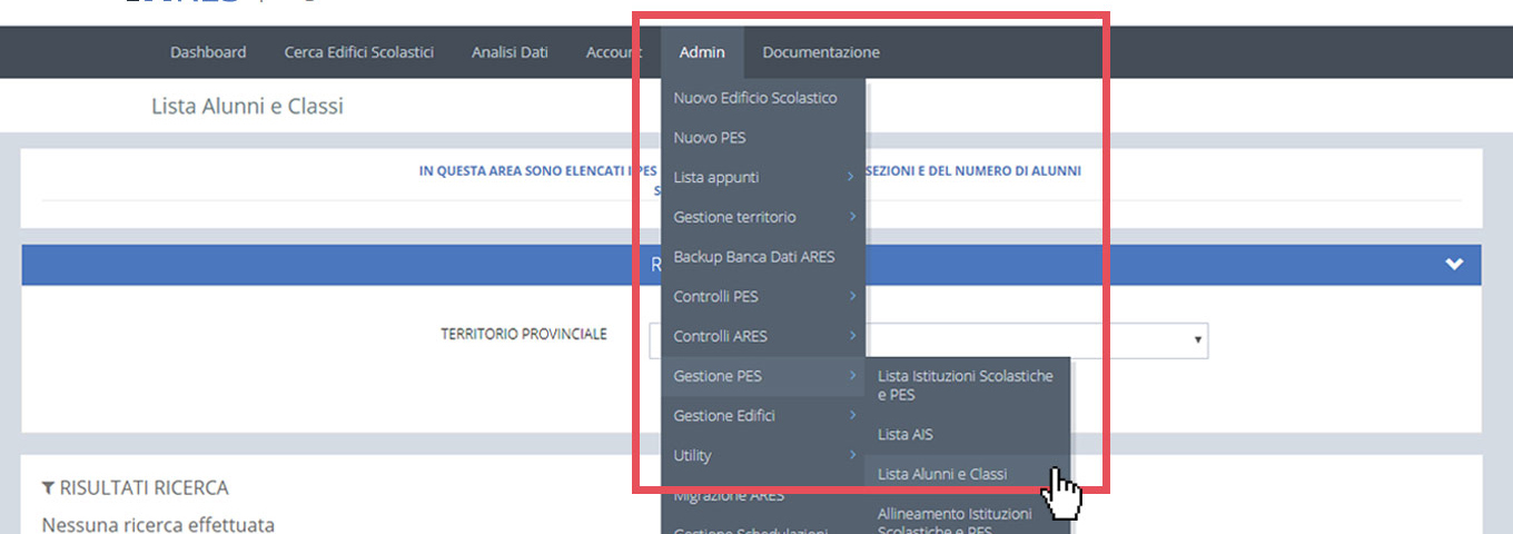 immagine menu admin, gestione PES, lista alunni e classi