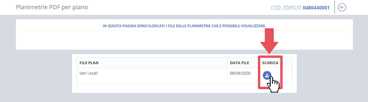 immagine pagina planimetrie PDF edificio, pulsante scarica