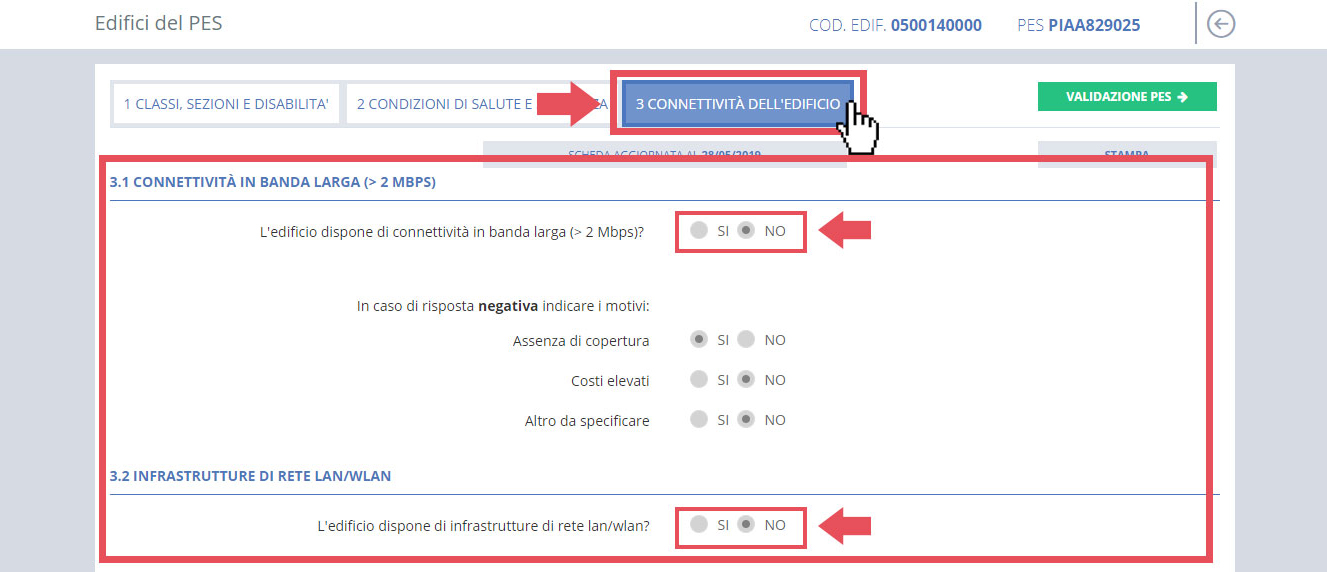 immagine pagina edifici del pes, 3 connettività dell'edificio, risposte negative