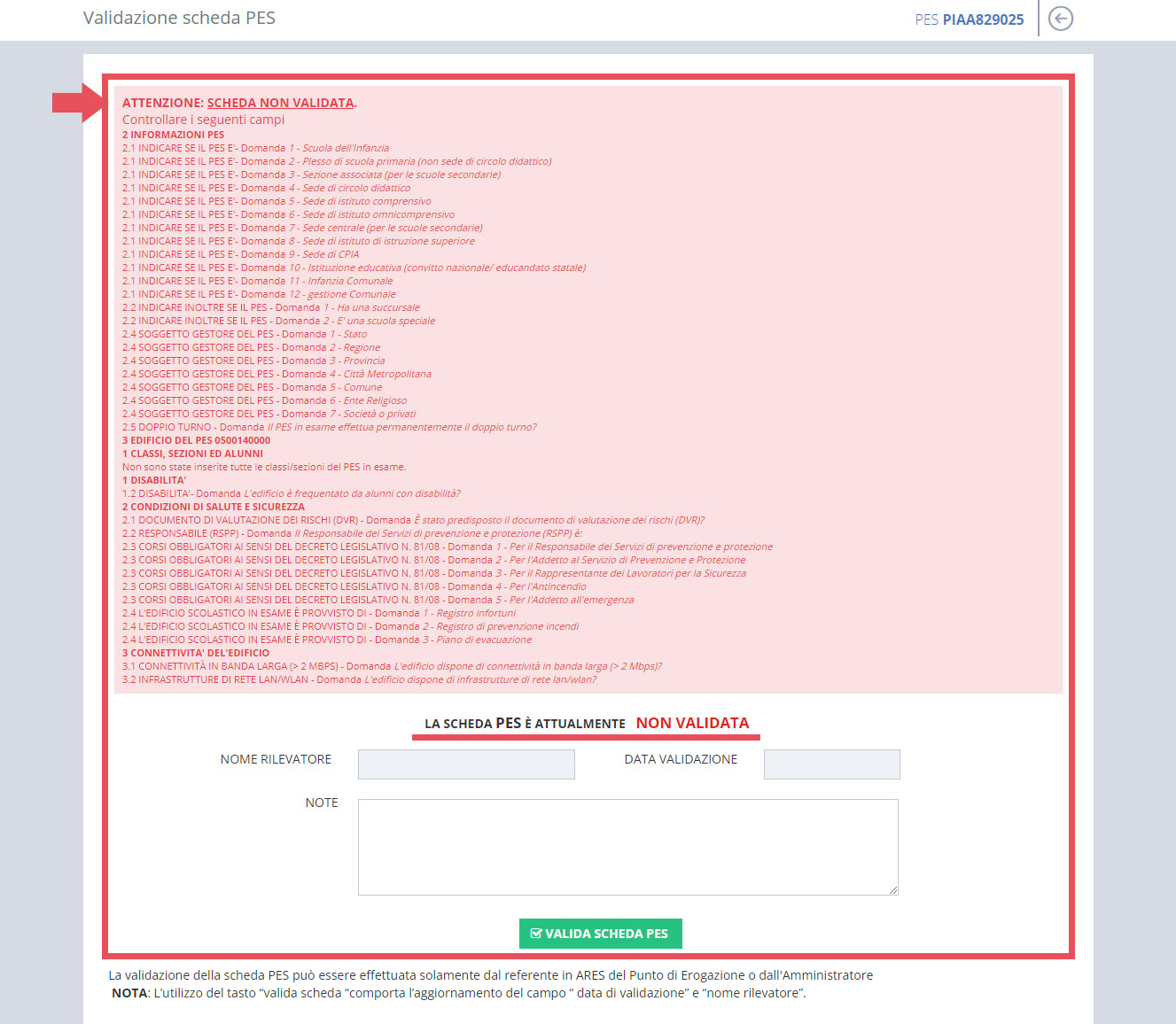 immagine pagina validazione scheda PES, messaggio di errore