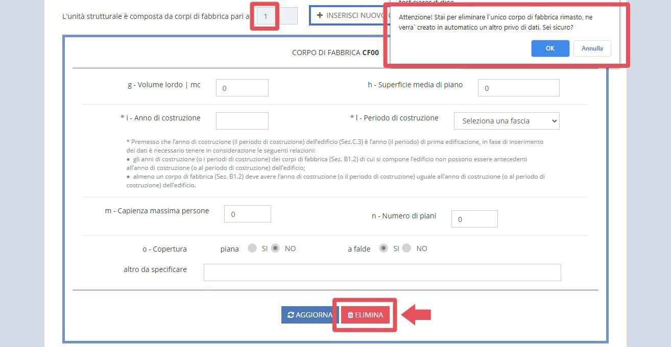 immagine pagina sezione B, scheda unità strutturale, eliminazione unico corpo di fabbrica