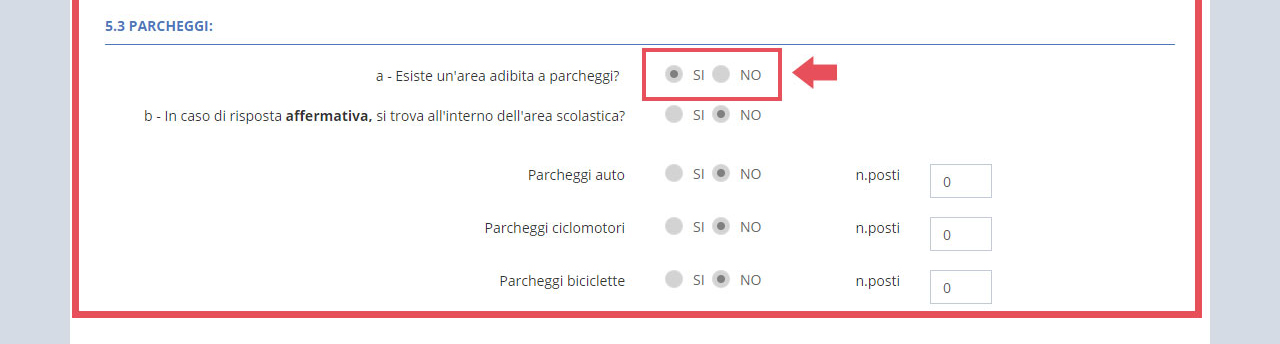 immagine pagina sezione B5 caratteristiche area scolastica, punto 5.3 parcheggi, risposta affermativa