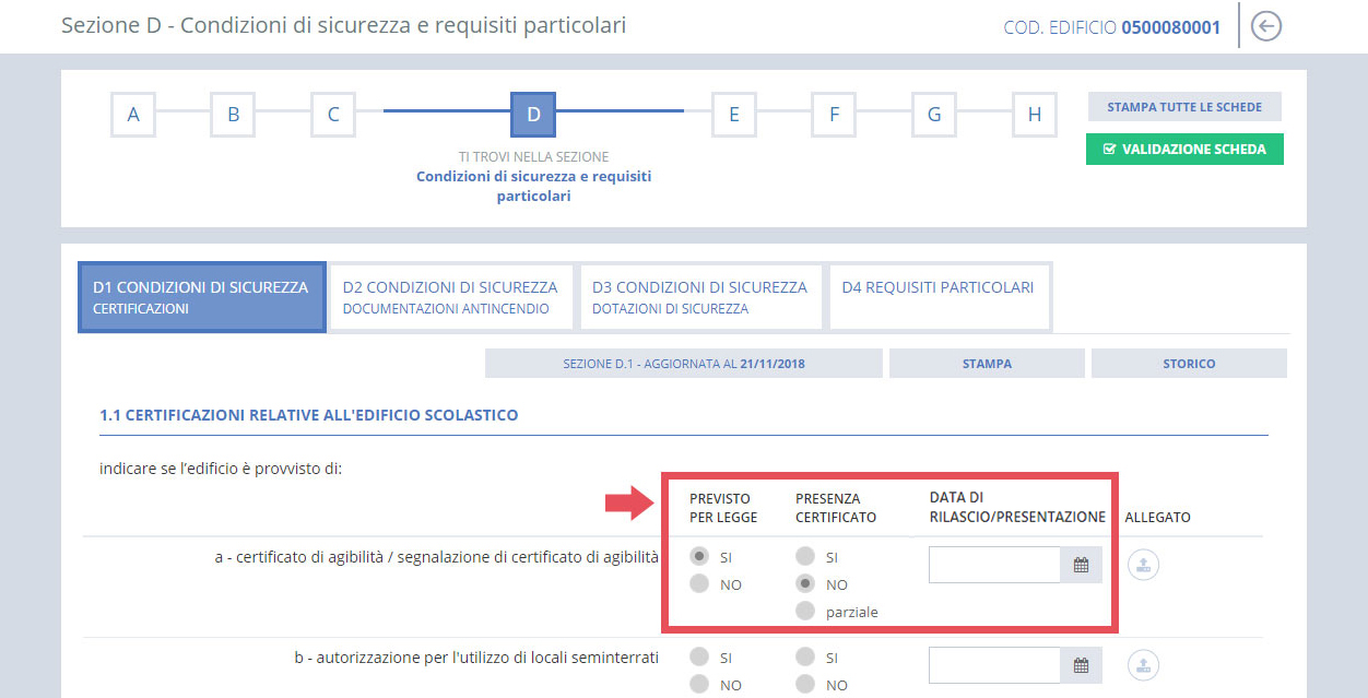 immagine pagina sezione D1 condizioni di sicurezza - certificazioni, punto 1.1 certificazioni relative all'edificio scolastico