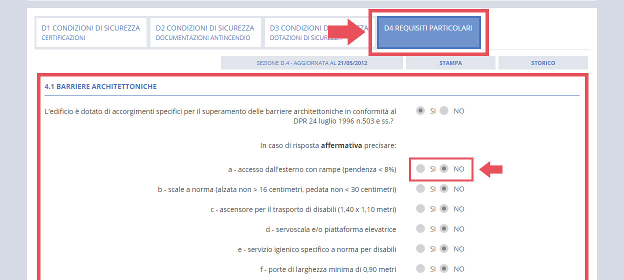 immagine pagina sezione D4 requisiti particolari, risposte affermative